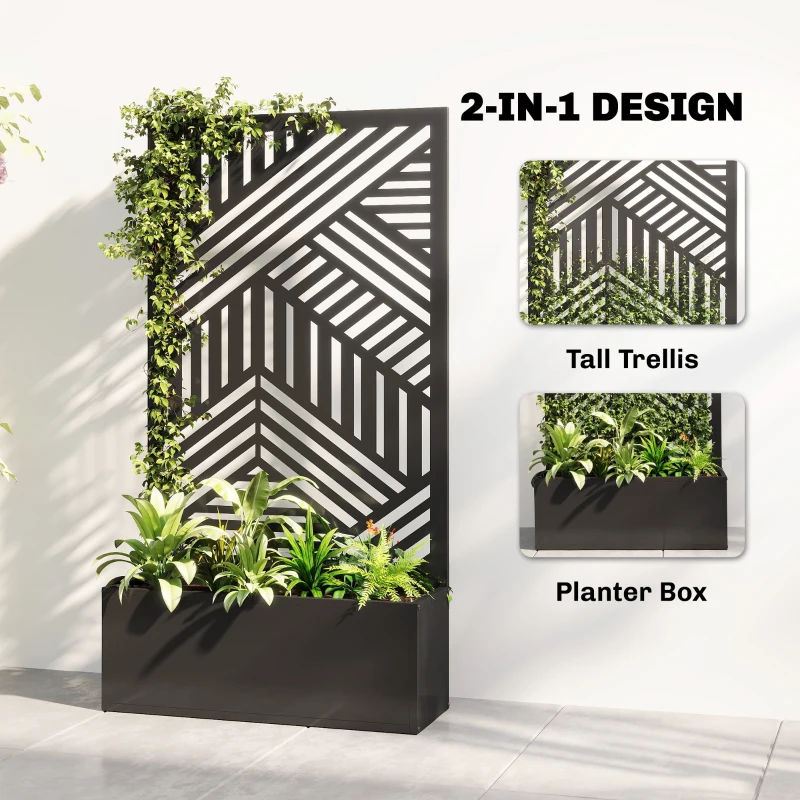 Outsunny Metal Planter Box with Trellis, 44.5" Raised Garden Bed with Trellis Privacy Screen for Climbing Plants