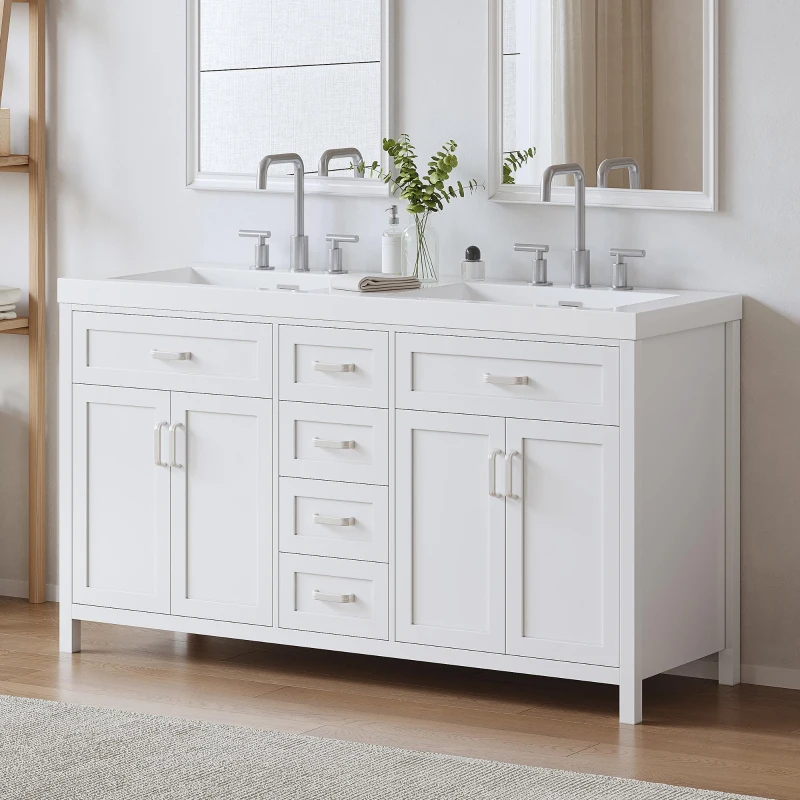 Double Sink Bathroom Vanity with Integrated Resin Sinks, 4-Drawer Storage Vanity for Modern Bathrooms, 59'' L x 19.5'' W x 33.5'' H, White