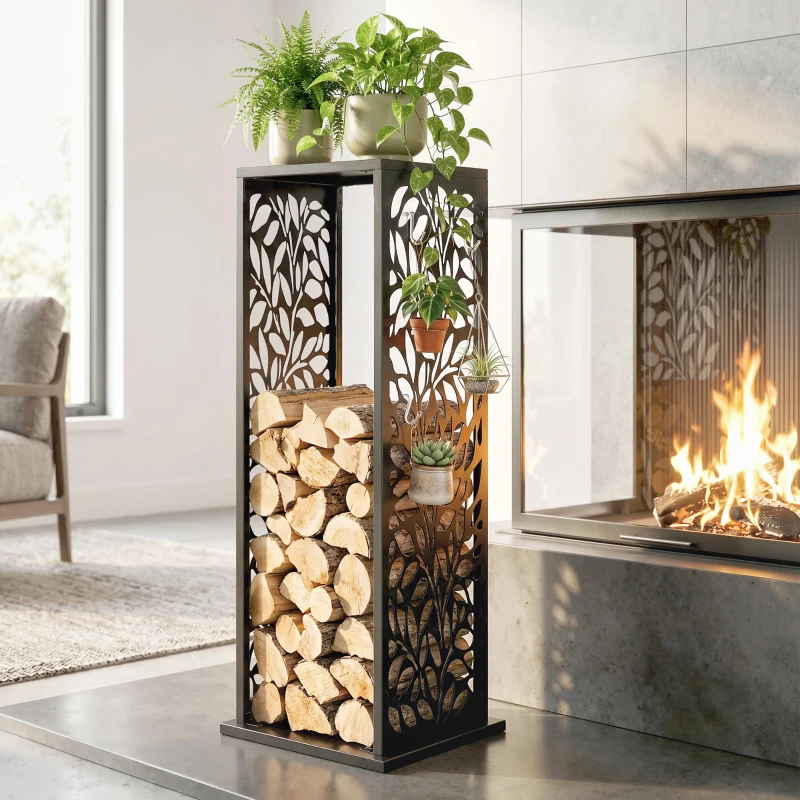 Outsunny 15 Inch Firewood Rack Outdoor Indoor, Cutout Galvanized Steel Firewood Holder with Hooks, Adjustable Pads, Black