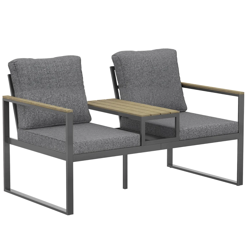 Outsunny Outdoor Garden Bench with Integrated Table, 2 Seater Patio Loveseat with Thick Cushions, 136 cm Grey