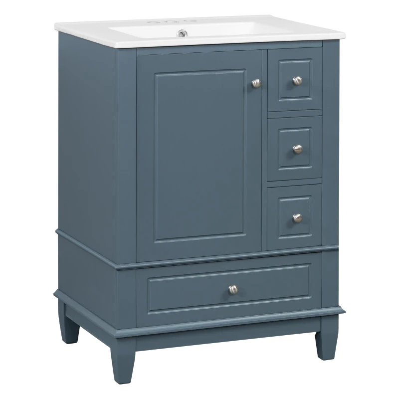 Spacious Bathroom Vanity with 3 Drawers and One-Door Cabinet, Freestanding Cabinet for Small Bathrooms, 24" L x 18.5" W x 34" H, Blue Gray