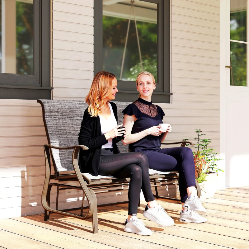 Outsunny 2-Person Outdoor Glider Bench, Patio Glider Loveseat Chair with Powder Coated Steel Frame, 2 Seats Porch Rocking Glider for Backyard, Lawn and Garden, Mixed Gray