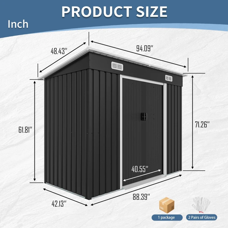 Outdoor Metal Storage Shed with Sliding Double Doors, Galvanized Steel Tool House with Lock‑Ready Holes, 94'' L x 48.5'' W x 71'' H, Black
