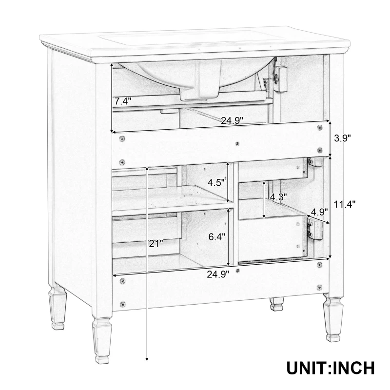 Spacious Vanity with Tip-Out Top Drawer and 2 Left-Side Drawers, Ideal Cabinet for Small-To-Medium Bathrooms, 30" L x 18.5" W x 33.5" H, Black