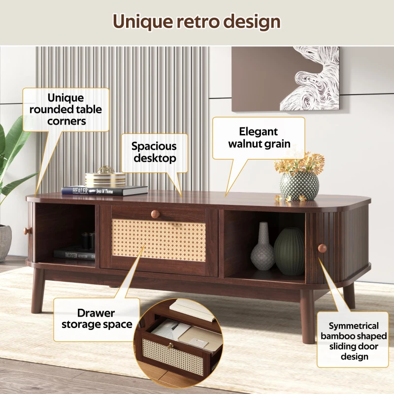 Rattan Coffee Table with Woven Drawers and Unique Sliding Cabinet Doors, Sliding Door Center table with Slatted Base, 43.5'' L x 21.5'' W x 15'' H, Wood