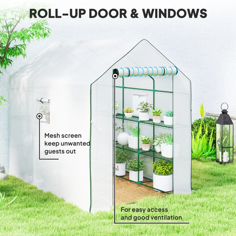 Outsunny Walk-in Greenhouse with 3 Tier, Garden Plant Growhouse with Roll-up Door and Mesh Windows, 140 x 213 x 190 cm, White
