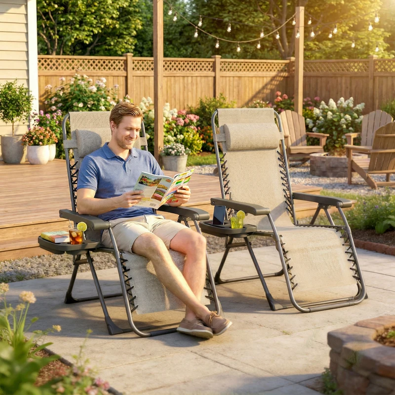 Outsunny Zero Gravity Chair Set of 2, Folding Reclining Outdoor Lounge Chair with Cup Holder, Headrest, Light Brown