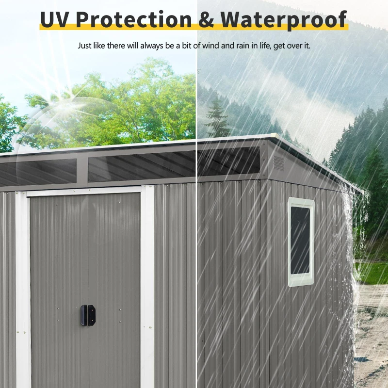 8ft x 6ft Outdoor Metal Storage Shed with Lockable Sliding Doors, Peaked Roof Metal House for Garden Tools, 93.5'' L x 68.5'' W x 77'' H, Gray