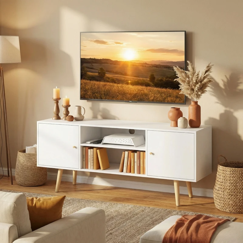 HOMCOM TV Stand Cabinet for TVs up to 55 Inches, Entertainment Unit with Storage Shelves and Wood Legs for Living Room, White