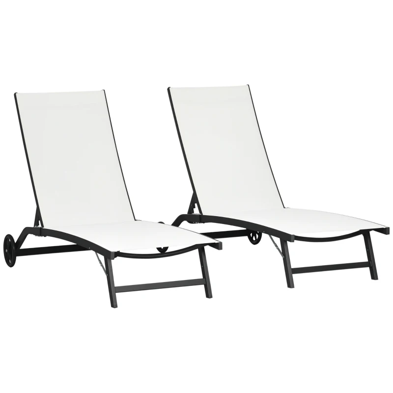 Outsunny Outdoor Lounge Chair Set of 2, Tanning Chair with Wheels, Breathable Mesh for Patio, Backyard, Poolside, Cream White