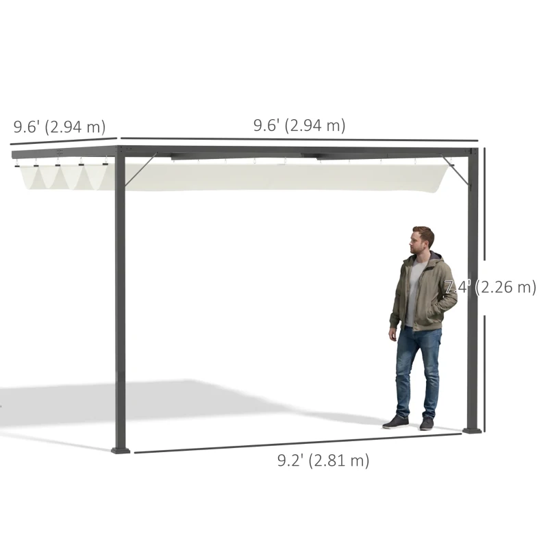 Outsunny 10'x10' Outdoor Pergola Gazebo with Retractable Canopy & Metal Frame & PA Coated Sun Shelter Door Porch Cover, Cream White