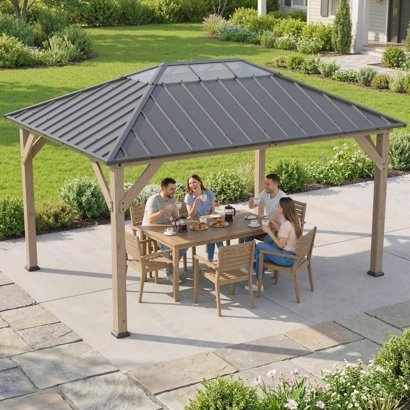 Outsunny 12' x 16' Hardtop Gazebo with Galvanized Steel Roof, UPF50+ Wood Permanent Pavilion with Clear Roof Top, Light Walnut