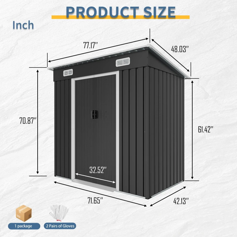 6x4ft Metal Shed with Ventilation Grilles and Sturdy Threshold, Galvanized Steel Outdoor Storage with Sliding Double Doors,77'' L x 48'' W x 71'' H, Black