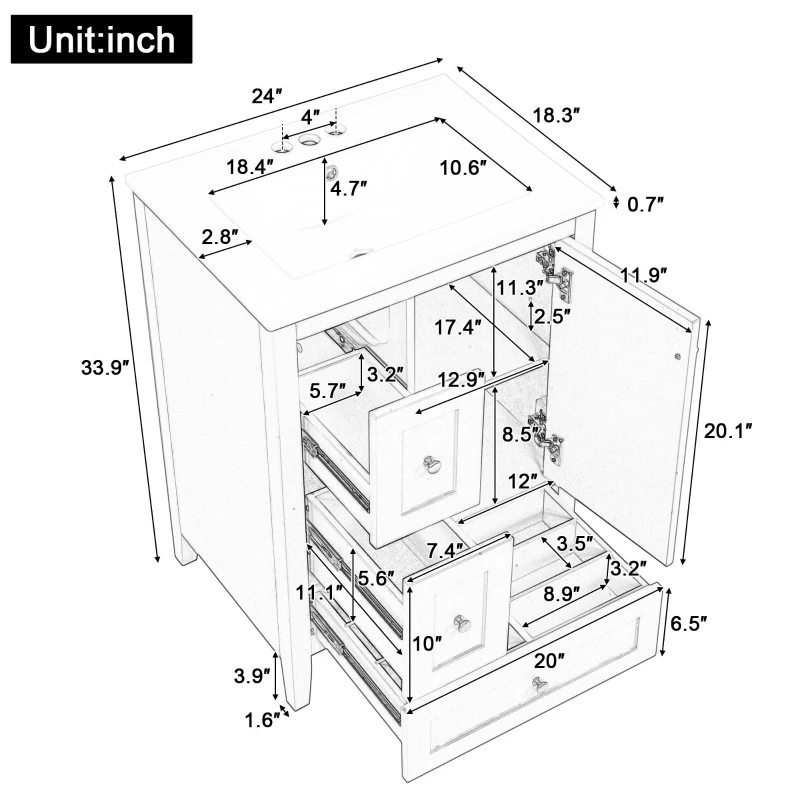 Ample Bathroom Vanity with 2 Upper Drawers and Removable Bottom Drawer, Ideal Cabinet for Small Bathrooms, 24" L x 18.5" W x 34" H, Blue Gray