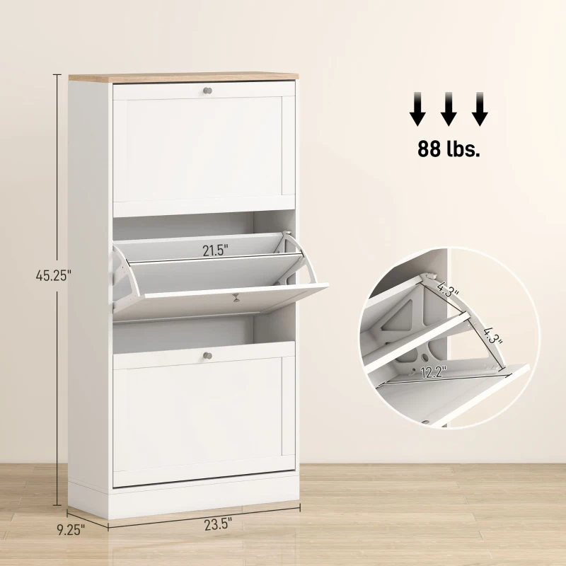 HOMCOM Modern Shoe Storage Cabinet with 3 Flip Drawers and Adjustable Shelves for 12-18 Pairs of Shoes, White