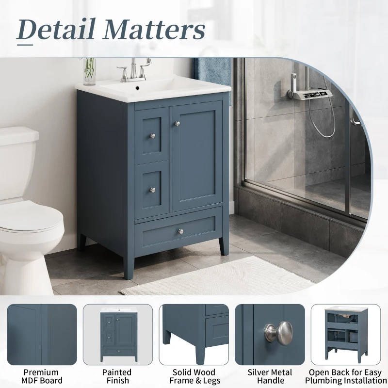 Ample Bathroom Vanity with 2 Upper Drawers and Removable Bottom Drawer, Ideal Cabinet for Small Bathrooms, 24" L x 18.5" W x 34" H, Blue Gray