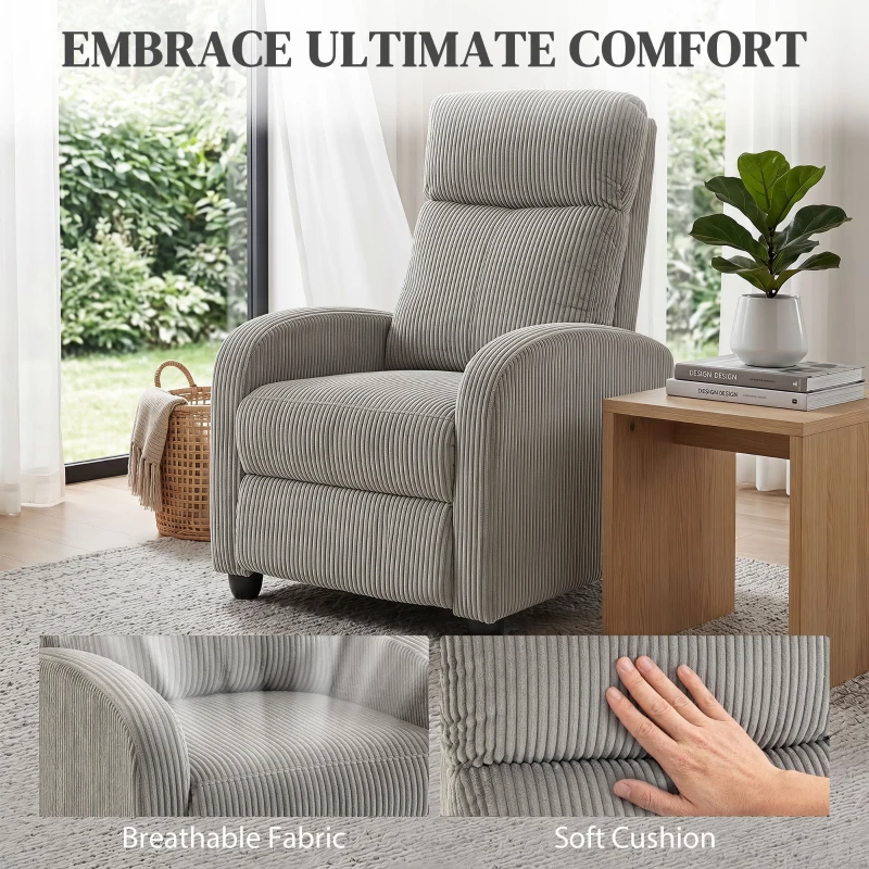 HOMCOM Corduroy Home Theater Seating, Push Back Recliner Chair with Padded Seat for Living Room, Grey