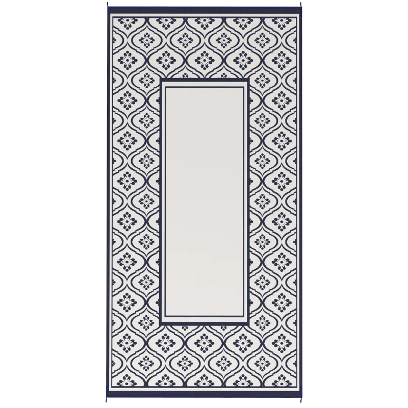 Outsunny 9' x 18' Outdoor RV Rug, Reversible Patio Floor Mat with Carry Bag, Gourd Border, Blue and White