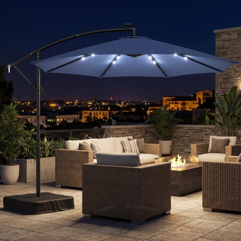 Outsunny 10 ft Cantilever Patio Umbrella with Light, Weight, Offset Hanging Outdoor Umbrella with Protective Cover, Dark Blue