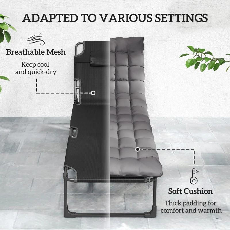 Outsunny Folding Chaise Lounge Chair Outdoor Tanning Chair with 5-Position Backrest, Cushion, Side Pocket, Dark Gray