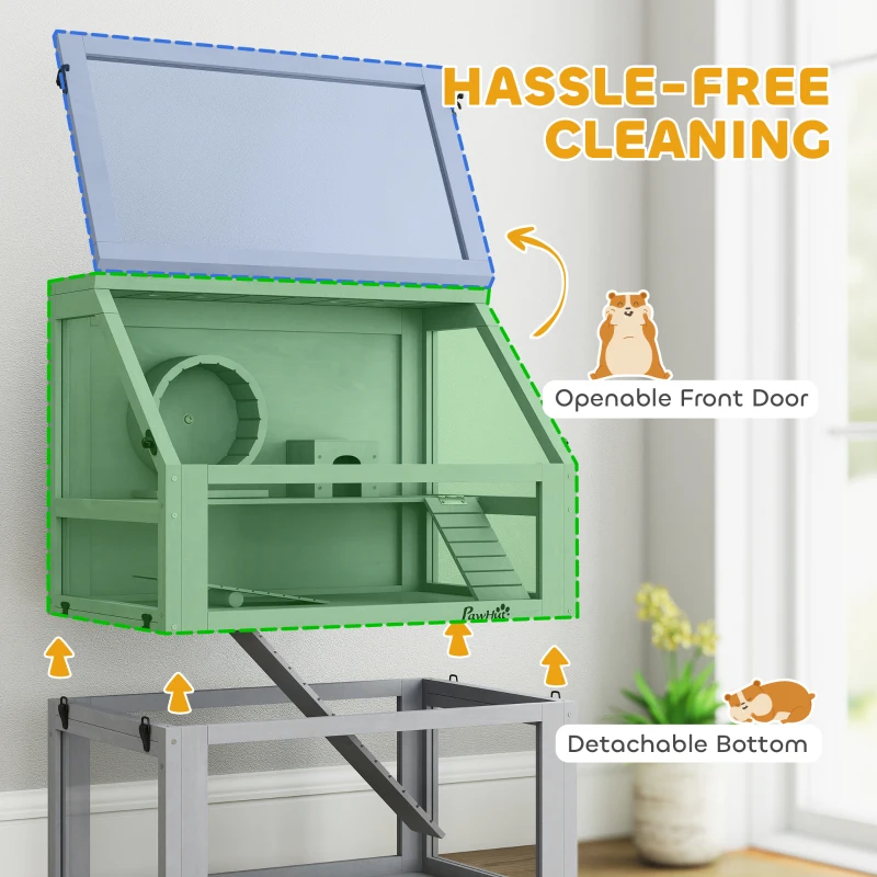 PawHut 3 Tier Wooden Hamster Cage w/ Detachable Bottom, Hut, Seesaw, Exercise Wheel, Ramps, 24" x 16" x 29.5"
