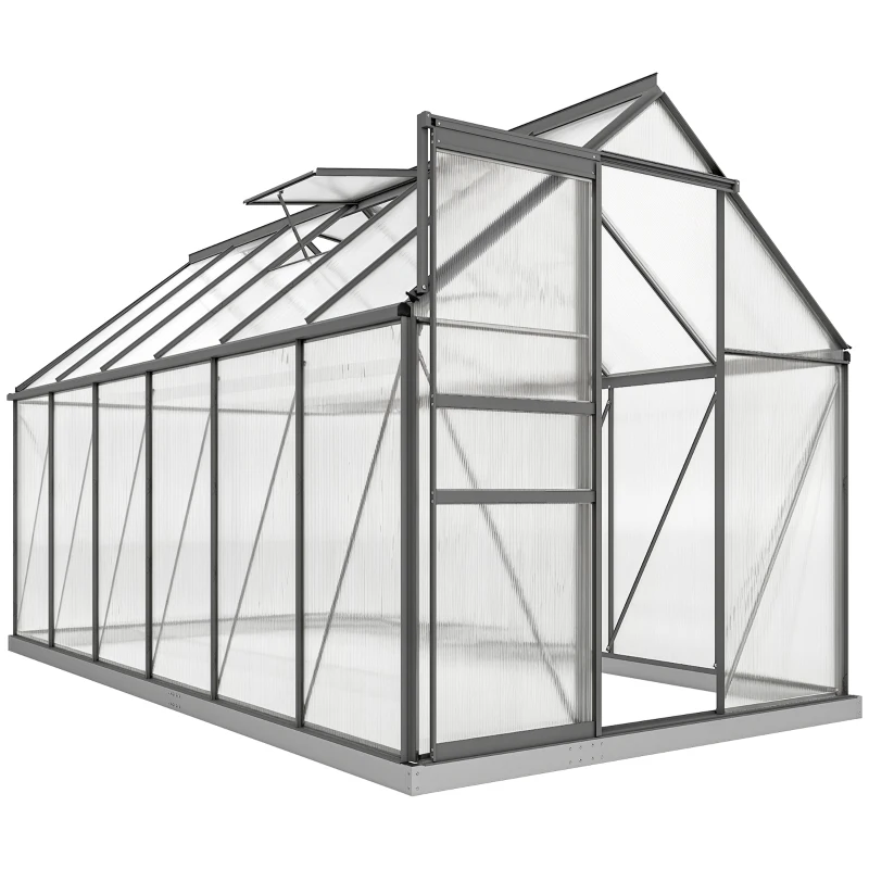 Outsunny 6' x 12' x 6.5' Polycarbonate Greenhouse, Walk-in Green House with Aluminum Frame Adjustable Roof Vent Galvanized Base Sliding Door Rain Gutter for Outdoor Garden, Grey