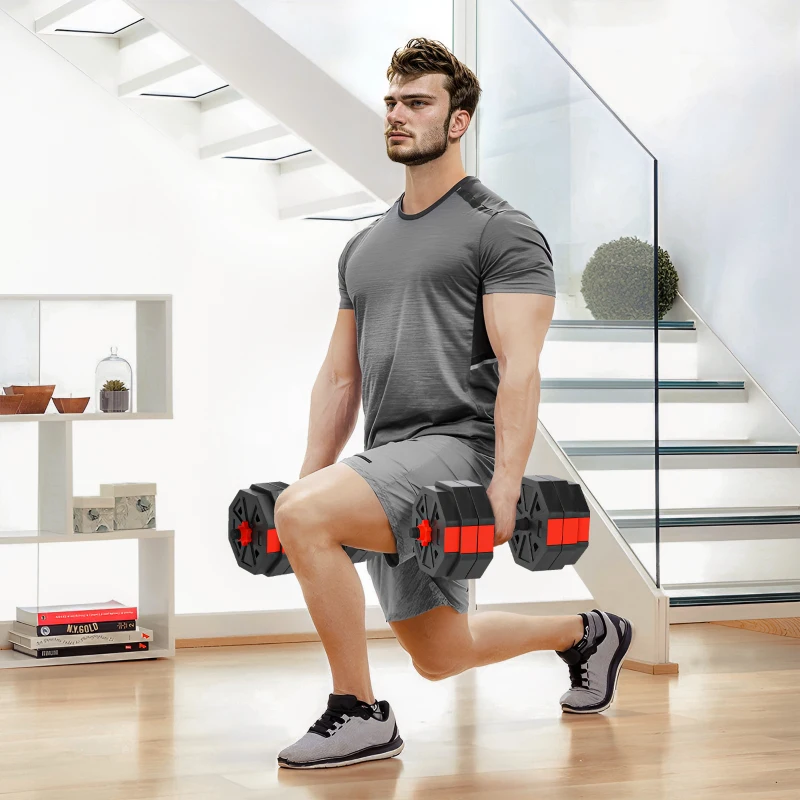 Soozier 6-in-1 Adjustable Dumbbell Set, Used as Kettlebell, Barbell, Dumbbell, Push-Up Stand, 66lbs Free Weights Set, Red