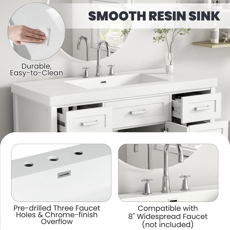 Resin Vanity Top with Integrated Basin, Pre-Drilled Sink Top with Built-In Overflow, 47'' L x 19.5'' W x 7'' H, White
