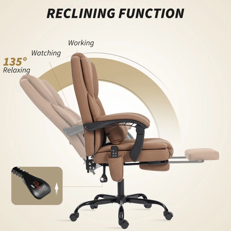 HOMCOM Office Chair with Massage, Pet-Friendly Faux Leather Reclining Desk Chair with Lumbar Support, Footrest, Brown