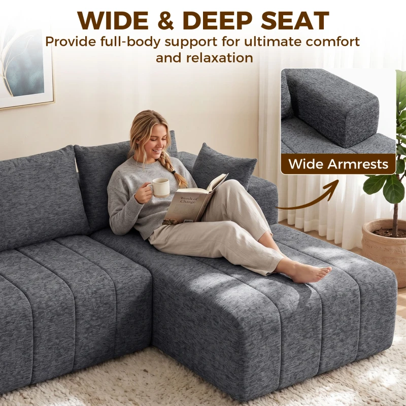 HOMCOM 101" Modular Sectional Sofa with Chaise, Chenille Boneless Cloud Sofa Bed, 3 Seater L-Shaped Couch, No Assembly, Grey
