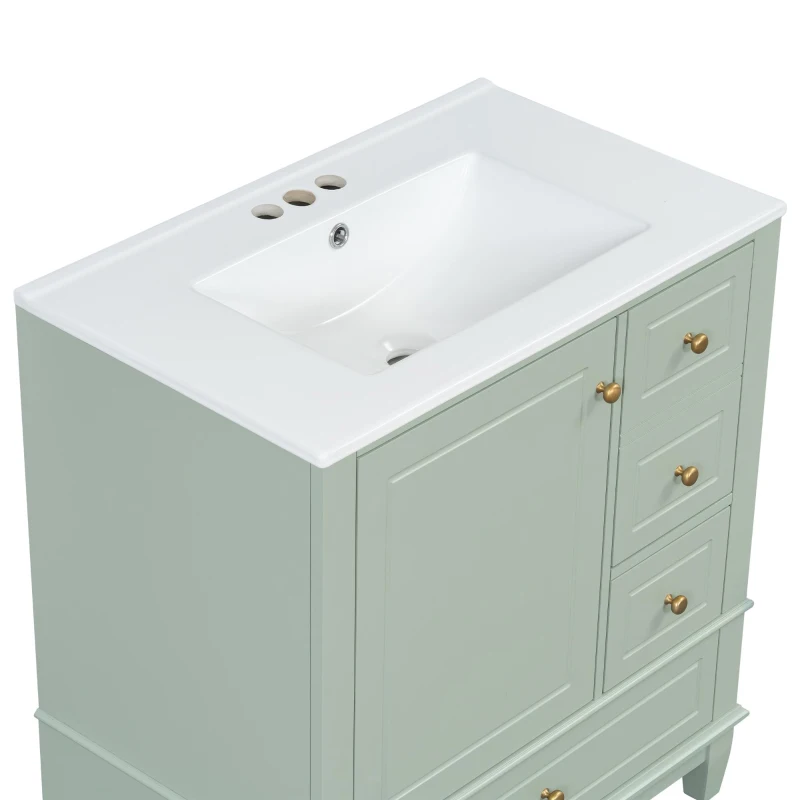 Stylish Bathroom Vanity with Easy-Clean Ceramic Sink, Ideal Cabinet for Modern Bathrooms, 30" L x 18.5" W x 33.5" H, Light Green