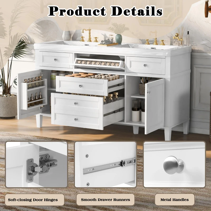 Modern Bathroom Vanity Cabinet with Soft-Close Hinges, Soft Close Storage Vanity with Adjustable Shelves, 59'' L x 19.5'' W x 34'' H, White