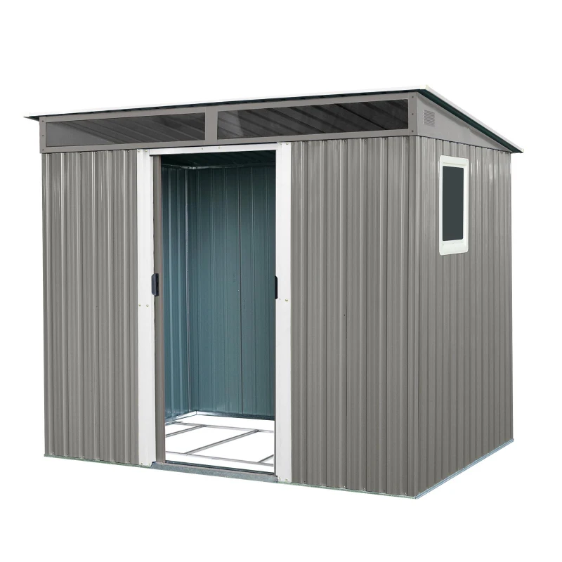 8ft x 6ft Outdoor Metal Storage Shed with Lockable Sliding Doors, Peaked Roof Metal House for Garden Tools, 93.5'' L x 68.5'' W x 77'' H, Gray