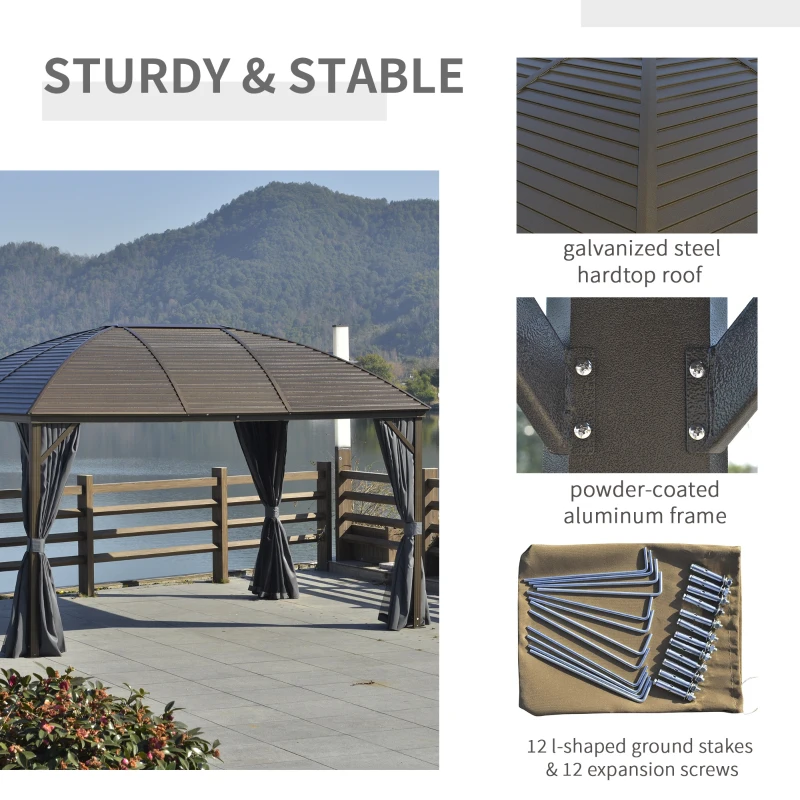 Outsunny 10' x 13' Hardtop Gazebo with Curtains, Netting, Pavilion with Steel Roof Ceiling Hook for Garden Patio, Gray