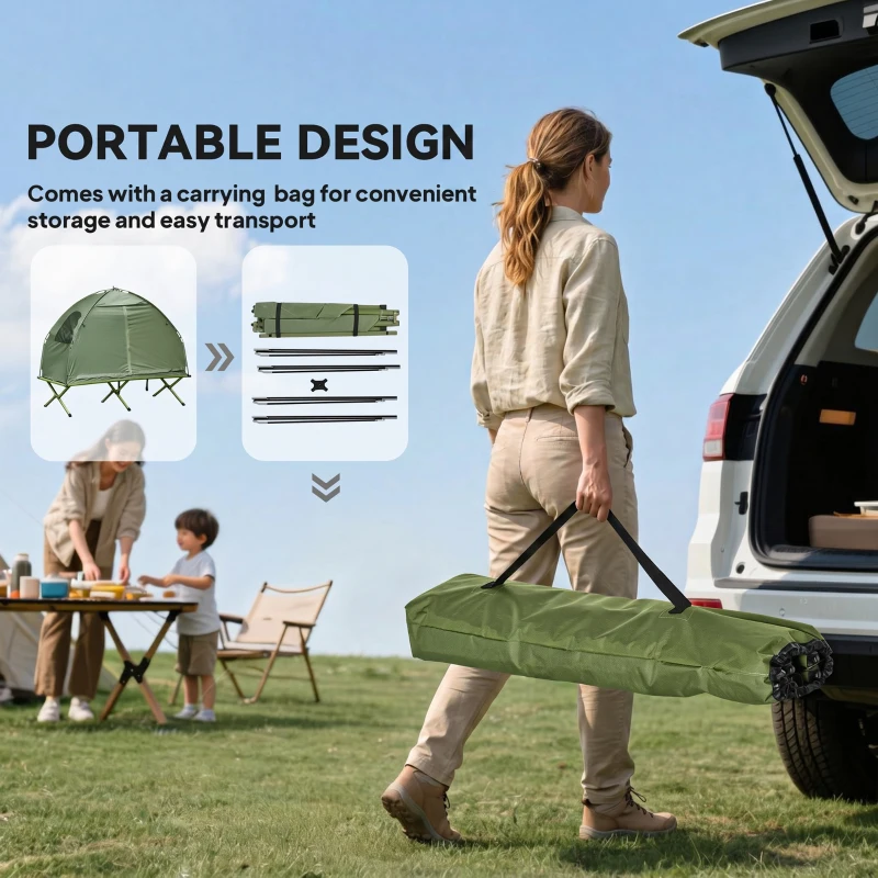 Outsunny Compact Pop Up Portable Folding Outdoor Elevated Camping Cot Tent Combo Set Dark Green