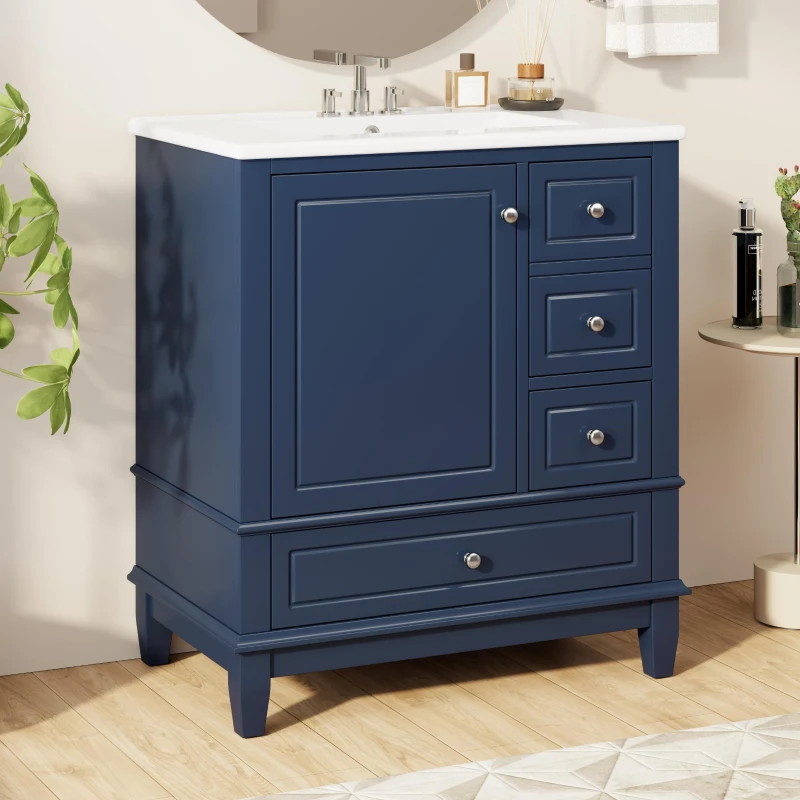Stylish Bathroom Vanity with Easy-Clean Ceramic Sink and 3 Pre-Drilled Holes, Ideal Cabinet for Modern Bathrooms, 30" L x 18.5" W x 33.5" H, Blue