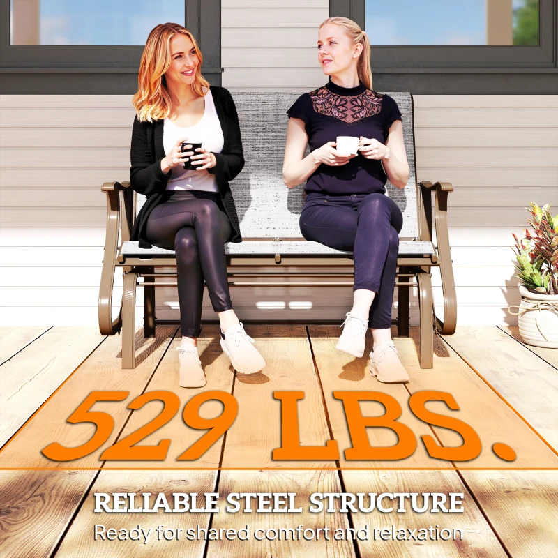 Outsunny 2-Person Outdoor Glider Bench, Patio Glider Loveseat Chair with Powder Coated Steel Frame, 2 Seats Porch Rocking Glider for Backyard, Lawn and Garden, Mixed Gray