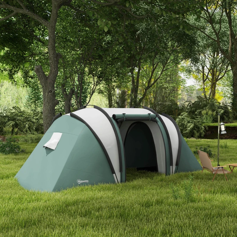 Outsunny Camping Tent with 2 Bedrooms and Living Area, 3000mm Waterproof Family Tent, for Fishing Hiking Festival, Army Green