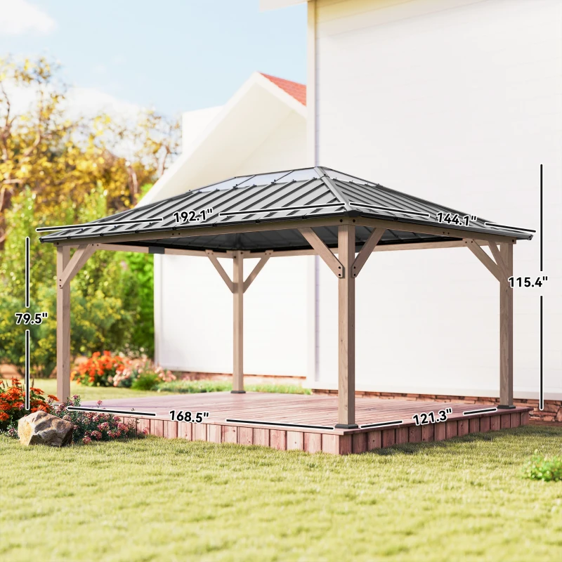 Outsunny 12' x 16' Hardtop Gazebo with Galvanized Steel Roof, UPF50+ Wood Permanent Pavilion with Clear Roof Top, Light Walnut