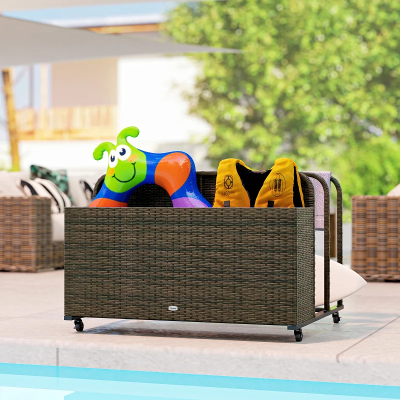 Outsunny PE Rattan Pool Float Storage Organizer with Wheels, Mixed Brown