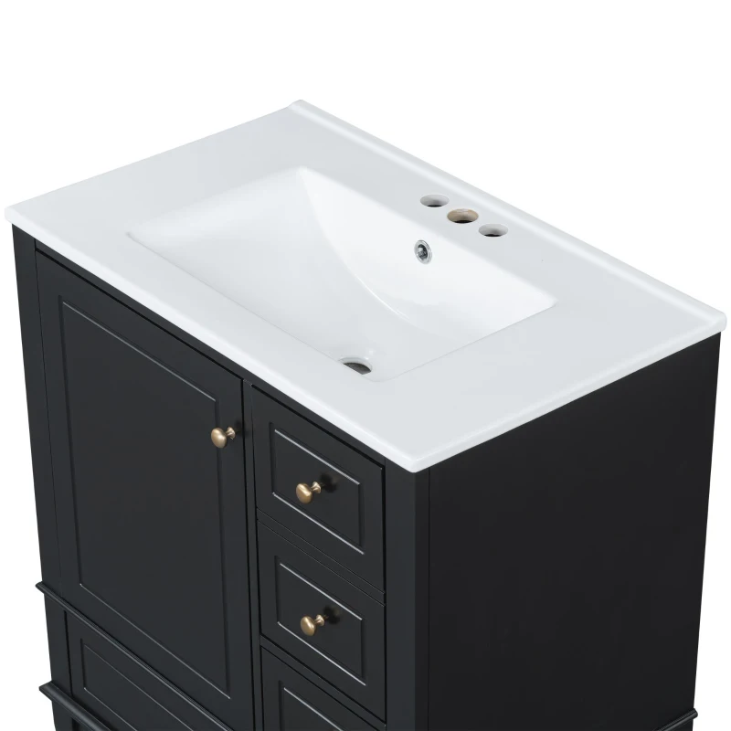 Stylish Bathroom Vanity with Easy-Clean Ceramic Sink and 3 Pre-Drilled Holes, Ideal Cabinet for Modern Bathrooms, 30" L x 18.5" W x 33.5" H, Black