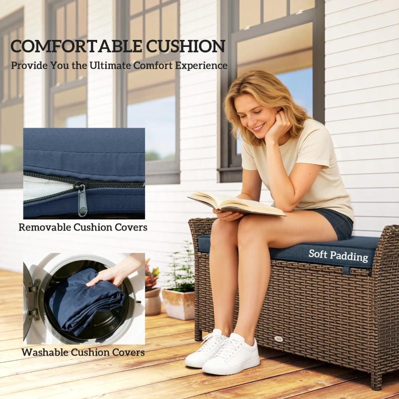 Outsunny 2-In-1 Outdoor Storage Bench, 29 Gallon Wicker Deck Box with Handles and Cushion, Navy Blue