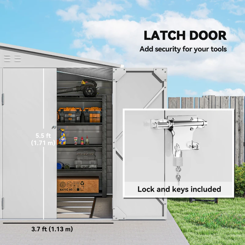 Outsunny 4.6' x 9' Steel Outdoor Storage Shed, Lean to Shed, Metal Tool House with Foundation Kit, Lockable Doors, Gloves and 2 Air Vents for Backyard, Patio, Lawn, White