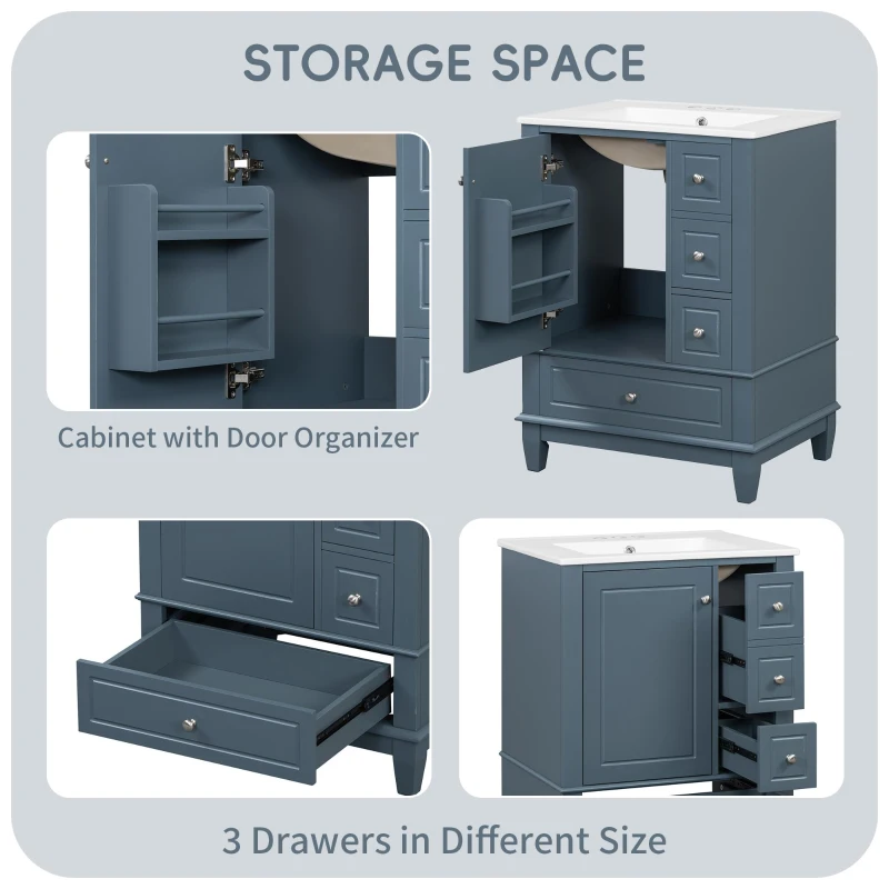 Spacious Bathroom Vanity with 3 Drawers and One-Door Cabinet, Freestanding Cabinet for Small Bathrooms, 24" L x 18.5" W x 34" H, Blue Gray