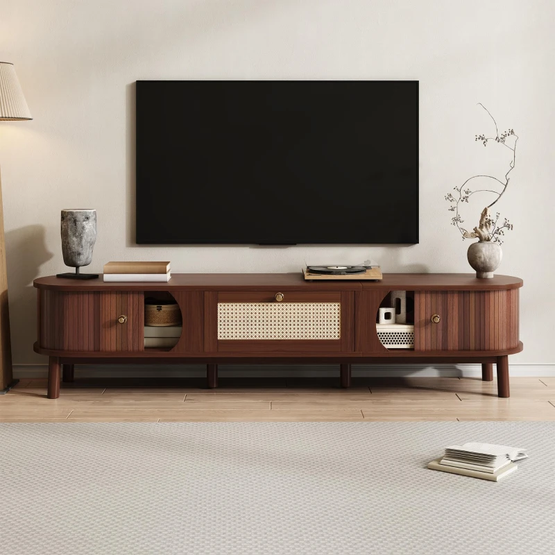 Rattan TV Cabinet with MDF Body and Solid Wood Legs, Bamboo Slat TV Stand with Sliding Door, 67'' L x 15.5'' W x 15'' H, Wood