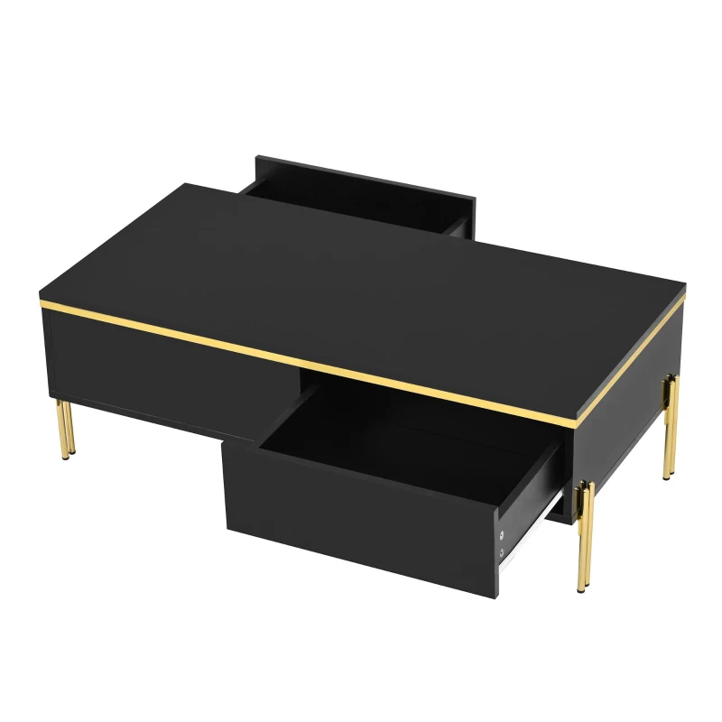 Modern High-Gloss Coffee Table with Hidden Dual Drawers, Stain-Resistant Center Table with Metal Legs, 39.5'' L x 19.5'' W x 14'' H, Black