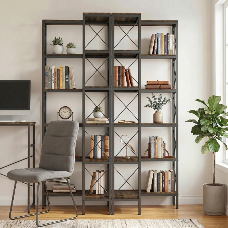 HOMCOM 5-Tier L-Shaped Bookshelf, Freestanding Bookcase with Metal Frame, Rustic Brown