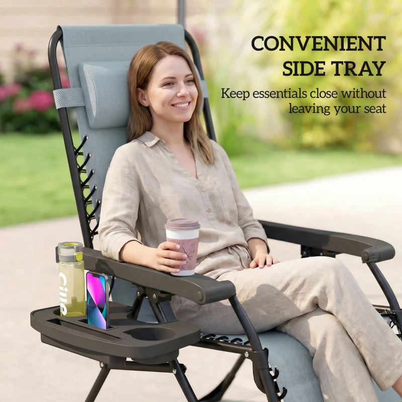 Outsunny Zero Gravity Chair Set of 2, Folding Reclining Outdoor Lounge Chair with Cup Holder, Headrest, Light Grey