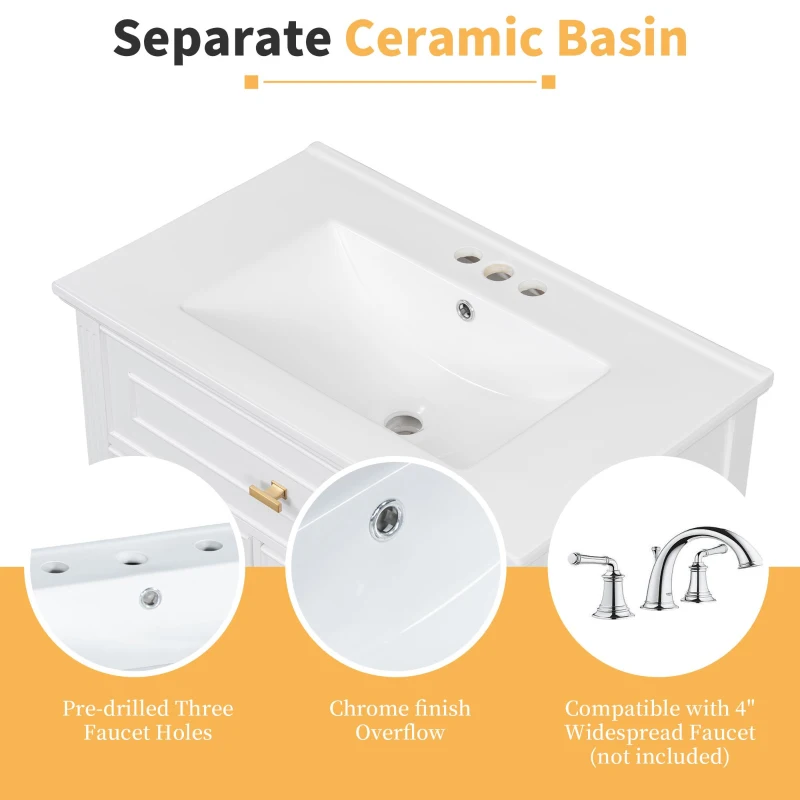 Spacious Vanity with Tip-Out Top Drawer and 2 Left-Side Drawers, Ideal Cabinet for Small-To-Medium Bathrooms, 30" L x 18.5" W x 33.5" H, White