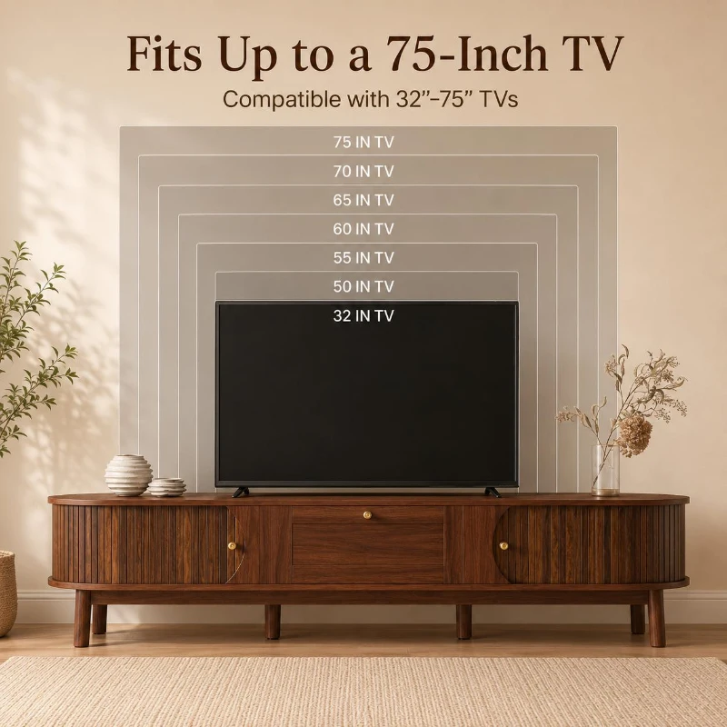 Sliding-Door TV Cabinet with Spacious Drawer and 2 Sliding Doors, Modern Wood TV Stand for Living Room, 67'' L x 15.5'' W x 15'' H, Walnut